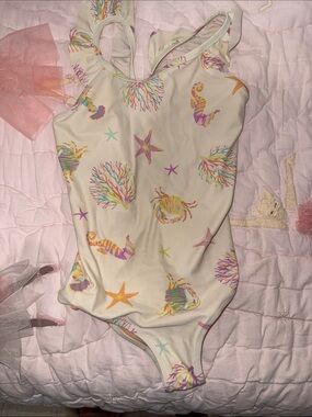 J. Crew Cream Girls One-Piece Swimsuit with Pastel Multicolor Sea Print